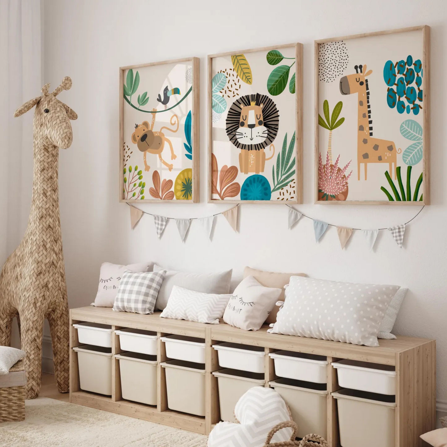 Set de 3 cuadros animales de la selva Infantil- Leon Mono Jirafa