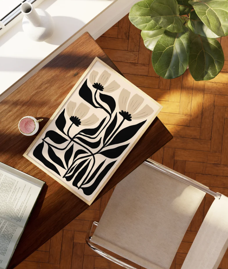 Conjunto de 2 abstractos de arte floral beige y negro