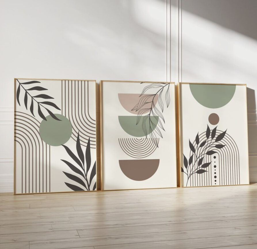 Conjunto 3 Cuadros de galería boho, verde salvia