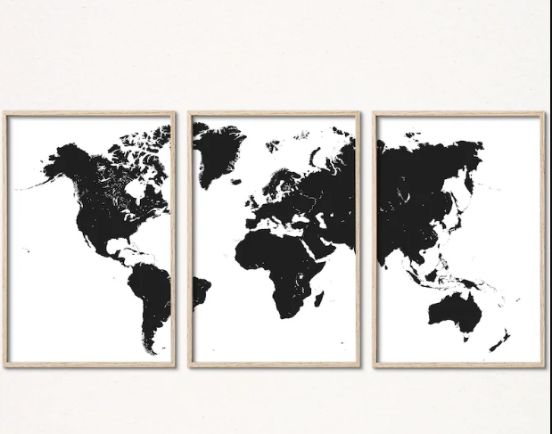 Set x3 cuadros Mapamundi en negro y blanco