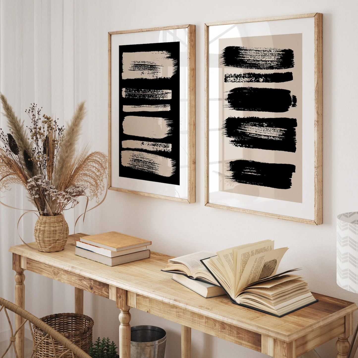 Set x2 Cuadros Pincelada Negro y Beige abstracto