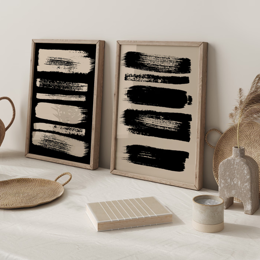 Set x2 Cuadros Pincelada Negro y Beige abstracto
