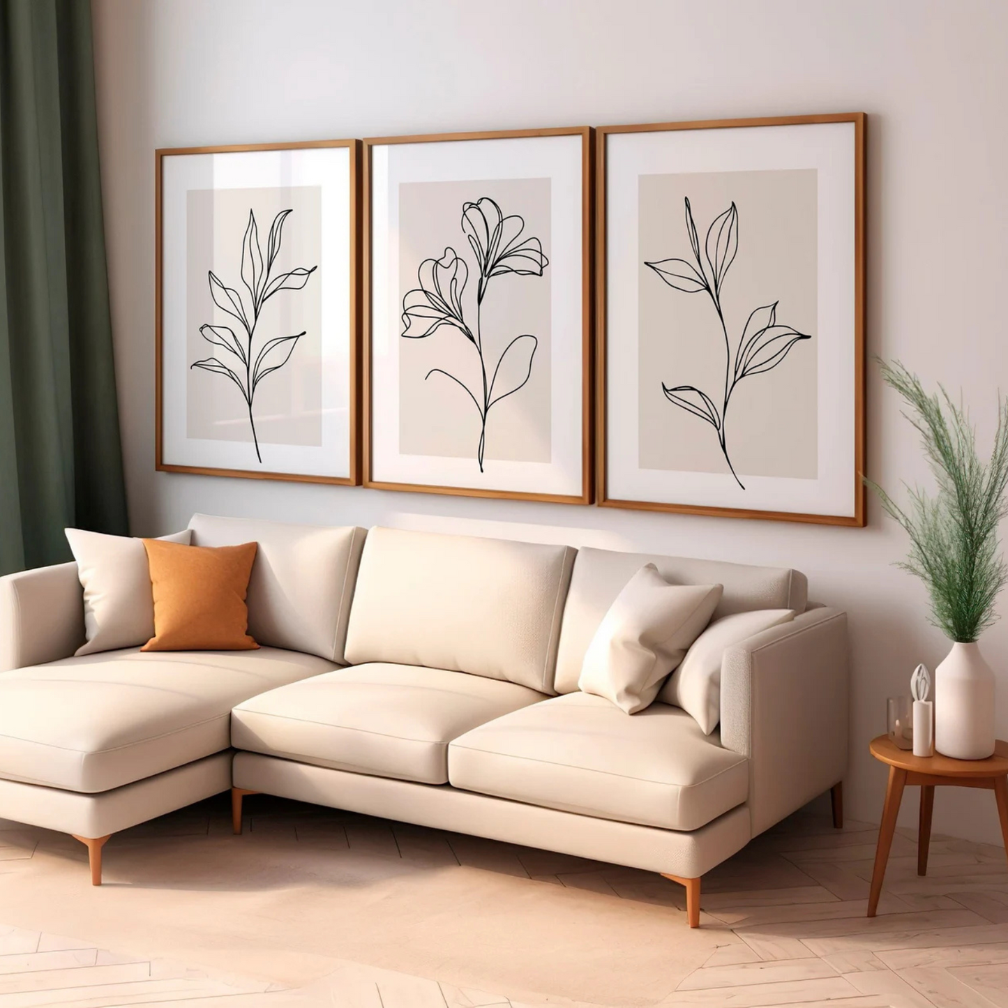 Set x3 cuadros arte lineal botanica beige