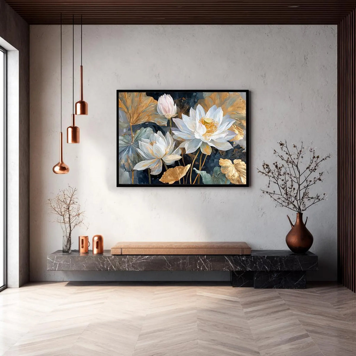 Cuadro Flor de loto blanco y oro
