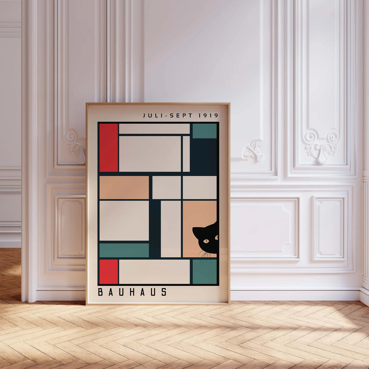Cuadro Gato Bauhaus negro geometrico