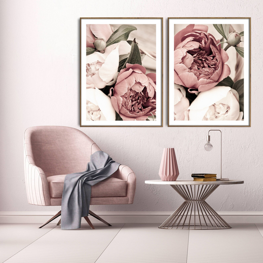 Set x2 Cuadros Flores de Peonias Rosas