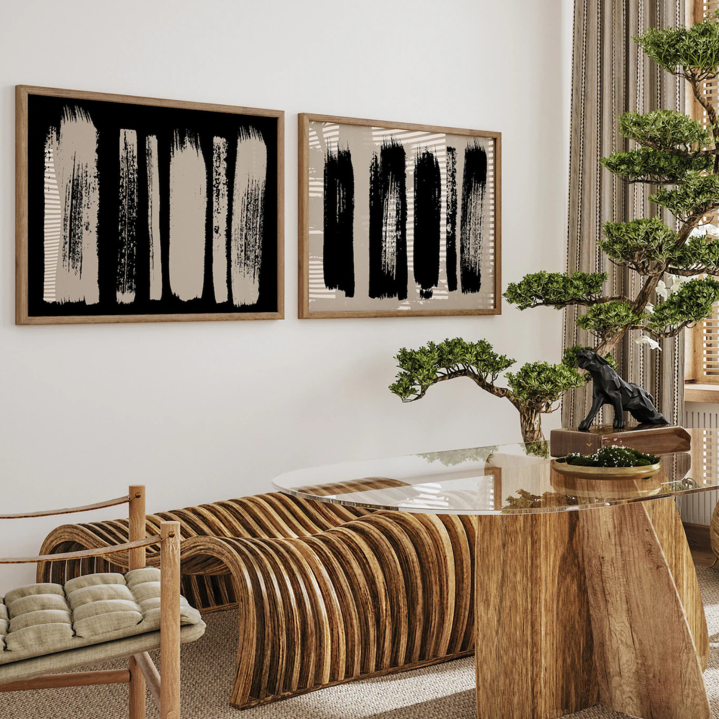 Set x2 Cuadros Pincelada Negro y Beige abstracto