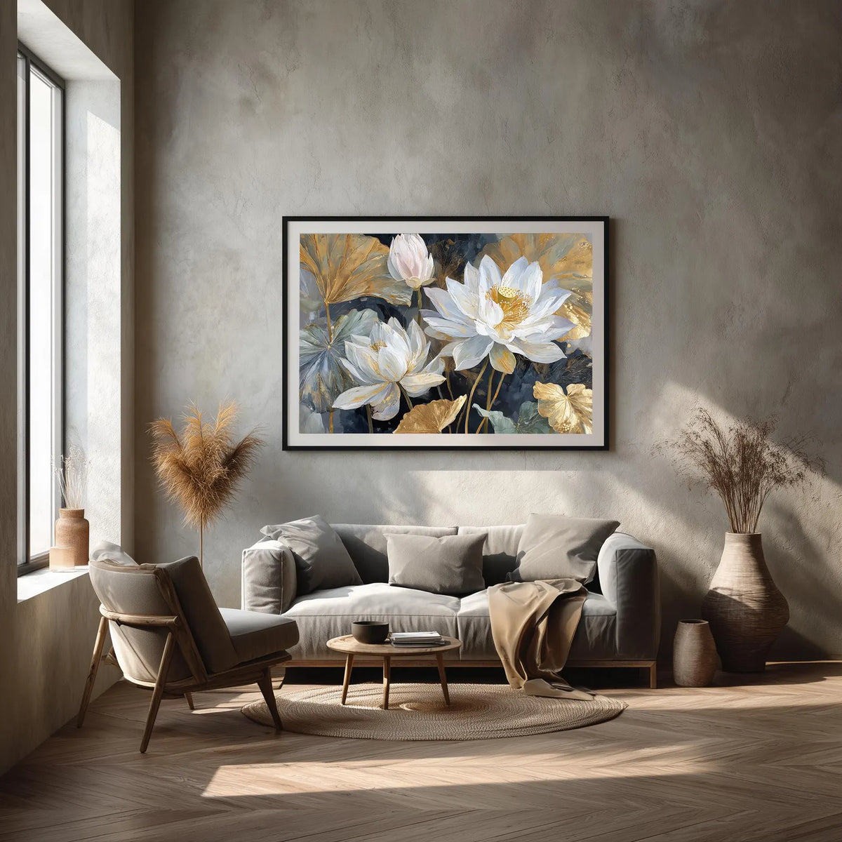 Cuadro Flor de loto blanco y oro