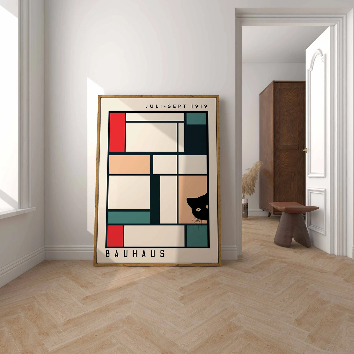 Cuadro Gato Bauhaus negro geometrico