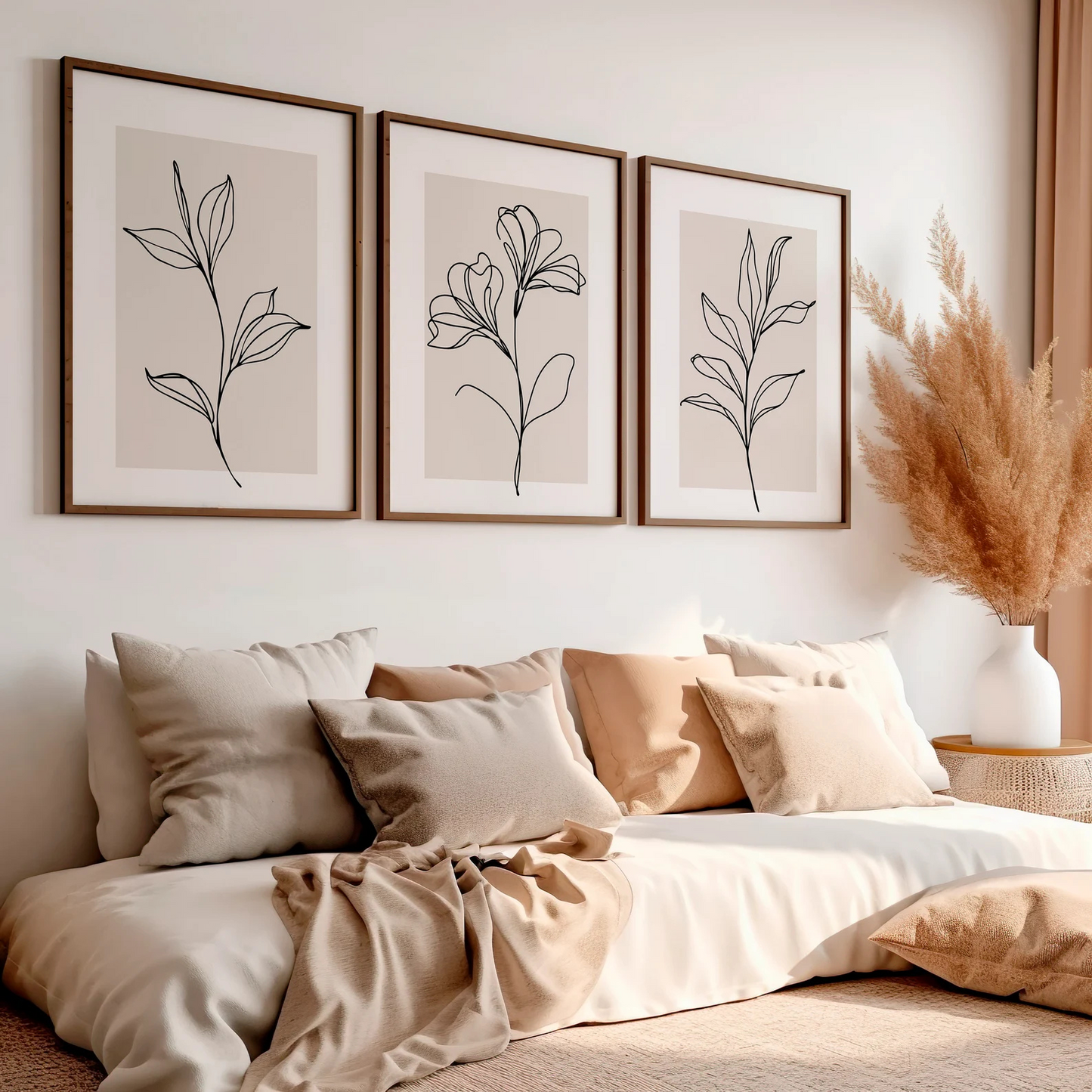 Set x3 cuadros arte lineal botanica beige