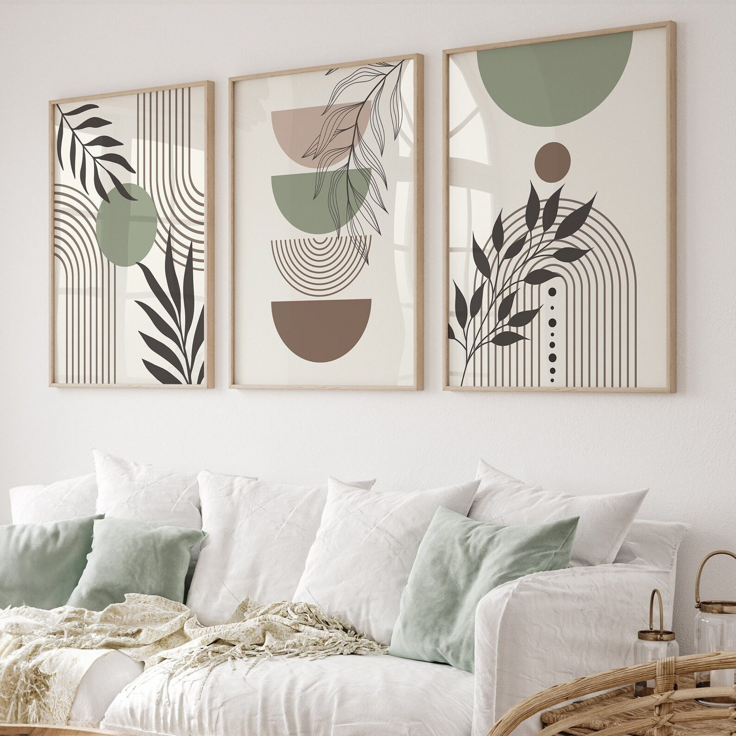 Set x3 cuadros Arcoiris Bohemian verde salvia