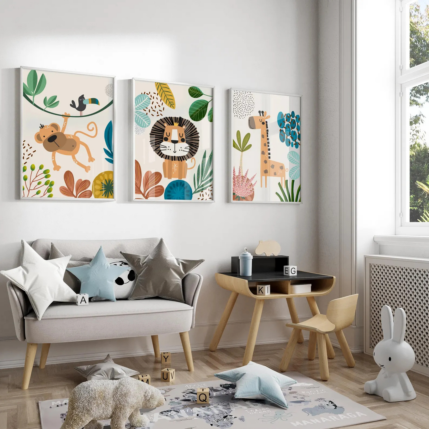 Set de 3 cuadros animales de la selva Infantil- Leon Mono Jirafa