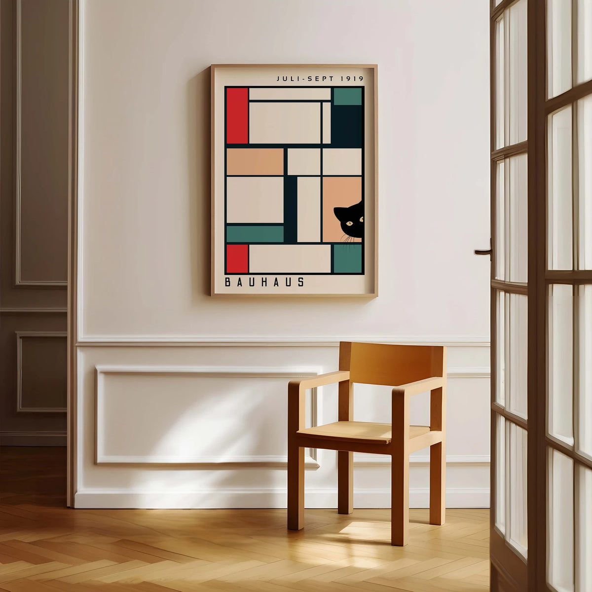Cuadro Gato Bauhaus negro geometrico
