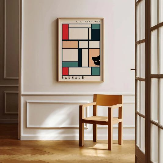 Cuadro Gato Bauhaus negro geometrico