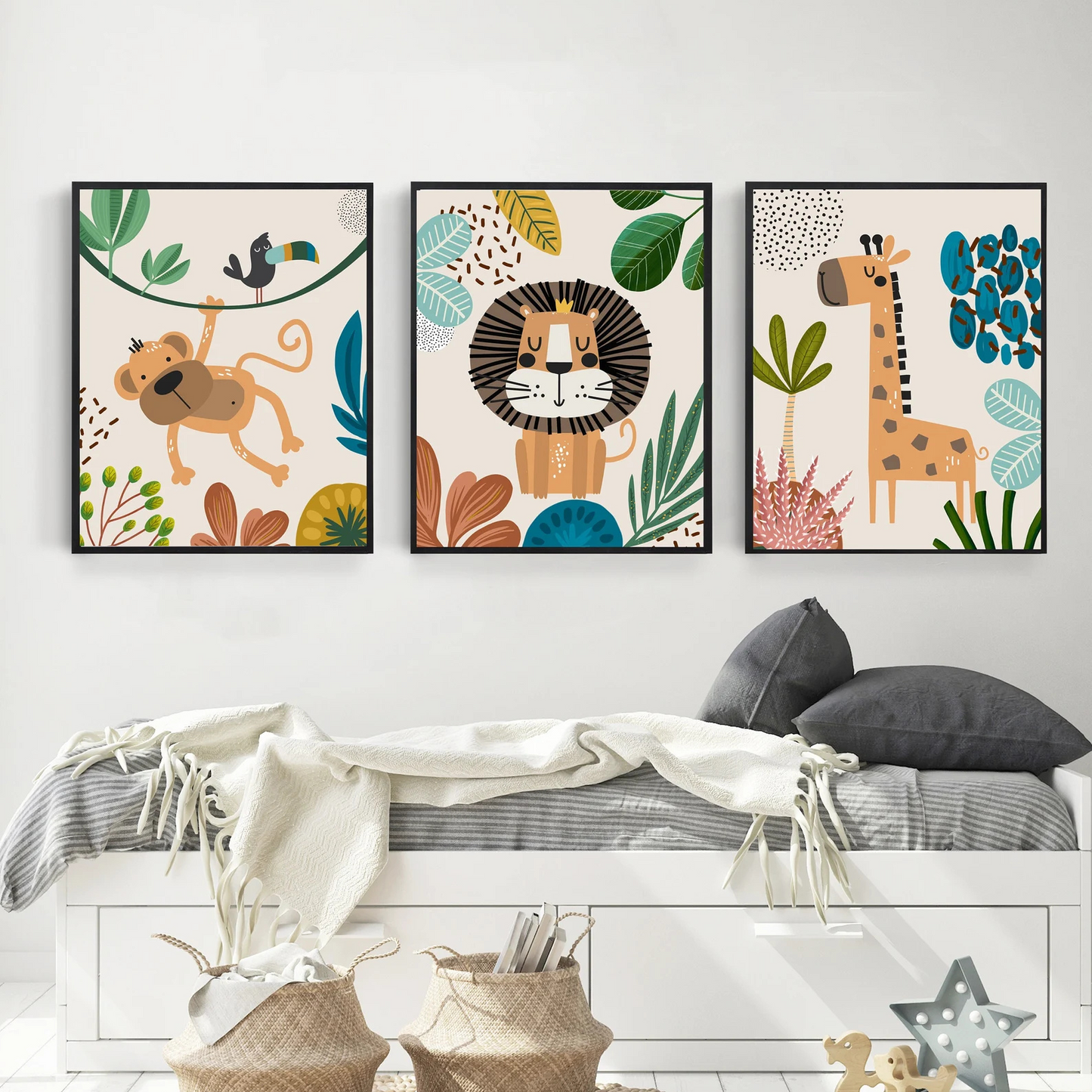 Set de 3 cuadros animales de la selva Infantil- Leon Mono Jirafa