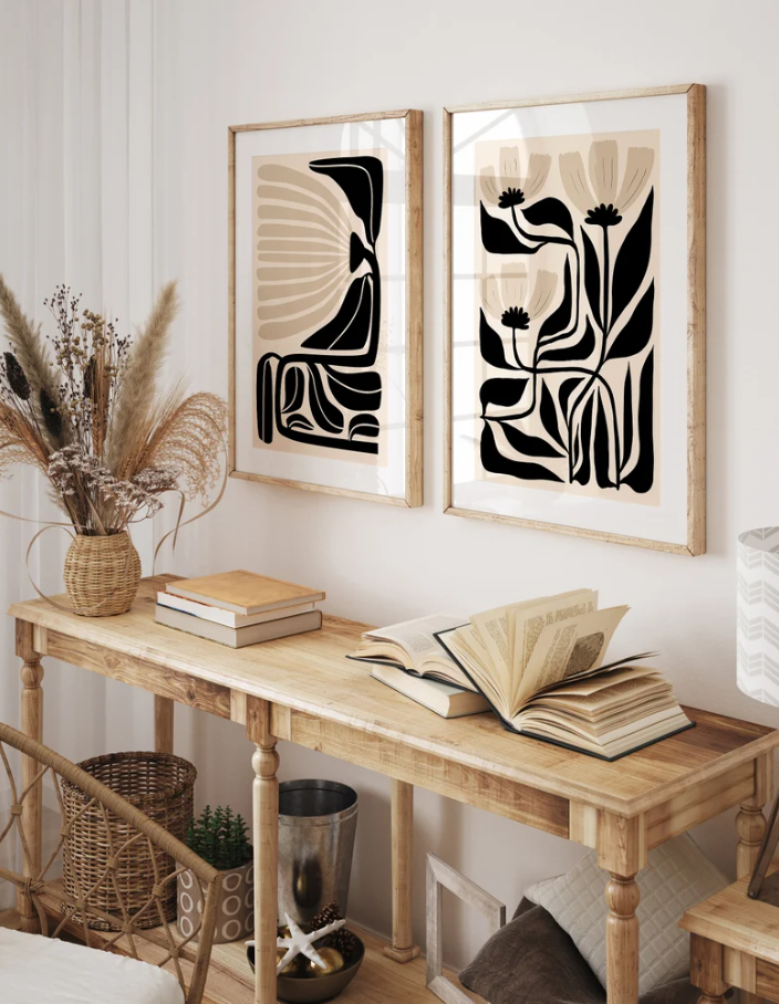 Conjunto de 2  abstractos de arte floral beige y negro