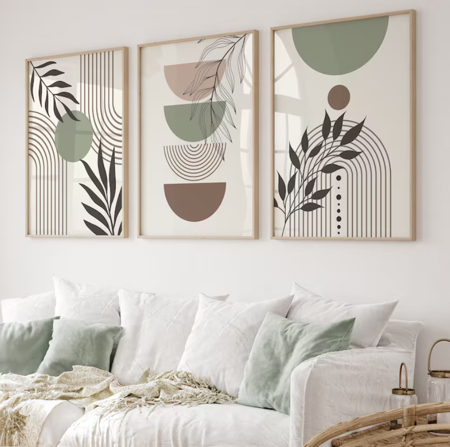 Conjunto 3 Cuadros de galería boho, verde salvia