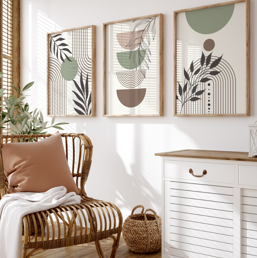 Conjunto 3 Cuadros de galería boho, verde salvia