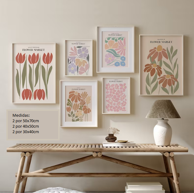 Set x3 Cuadros Mercado de Flores Boho