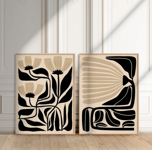 Conjunto de 2  abstractos de arte floral beige y negro