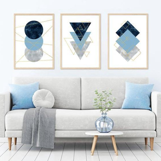 Setx3 Cuadros Geometrico azul y gris con lineas doradas