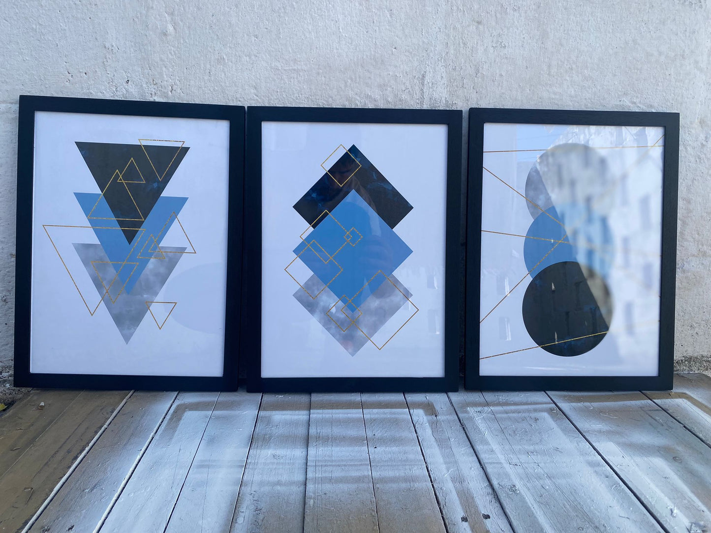 Setx3 Cuadros Geometrico azul y gris con lineas doradas