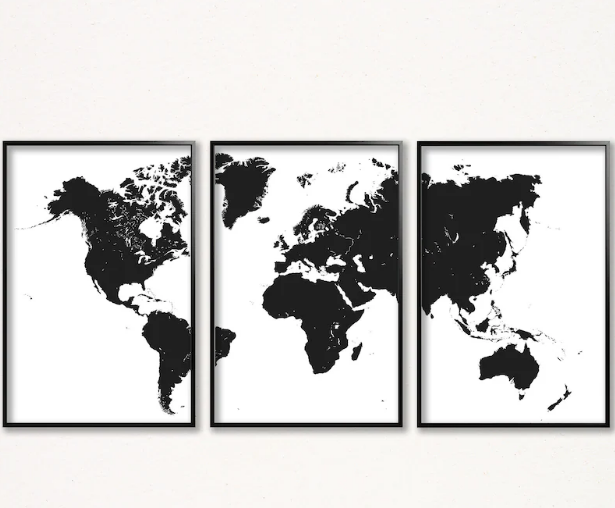 Set x3 cuadros Mapamundi en negro y blanco