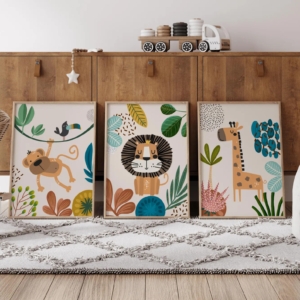 Set de 3 cuadros animales de la selva Infantil- Leon Mono Jirafa