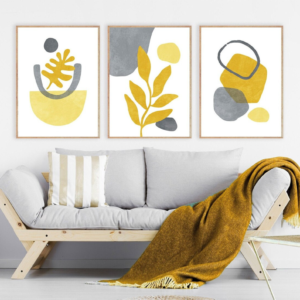 Setx3 Cuadros Geométrico Floral,Abstracto gris y amarillo mostaza