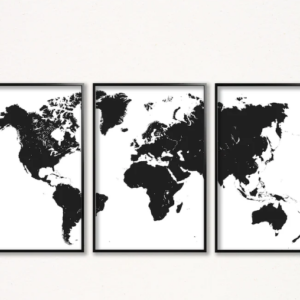 Set x3 cuadros Mapamundi en negro y blanco