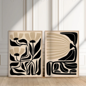 Conjunto de 2 abstractos de arte floral beige y negro