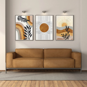 Set x3 Cuadros Sol abstracto marrón, bohemio mediados de siglo y planta tropical